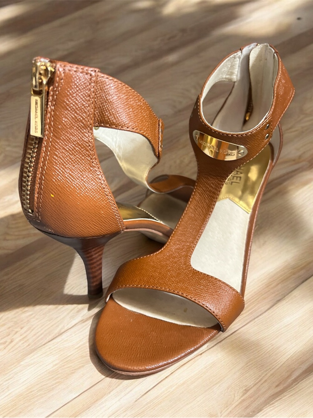MICHAEL Michael Kors Cognac Leather T-Strap Heeled Sandals